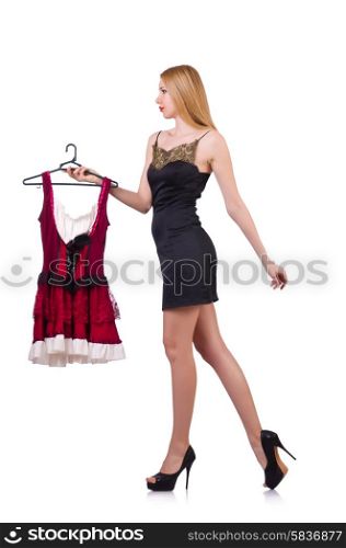 Woman with clothing on hangers