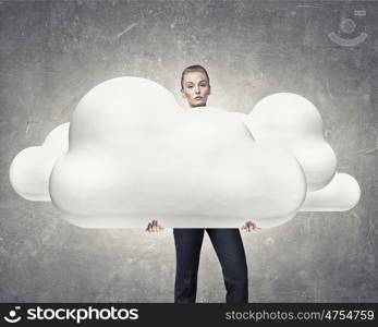 Woman with cloud banner. Young pretty businesswoman showing cloud concept banner