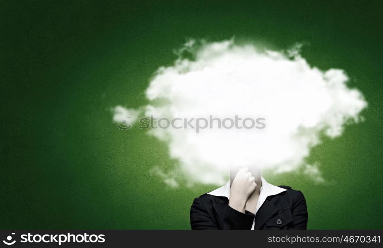 Woman with cloud head. Businesswoman standing with cloud instead of head