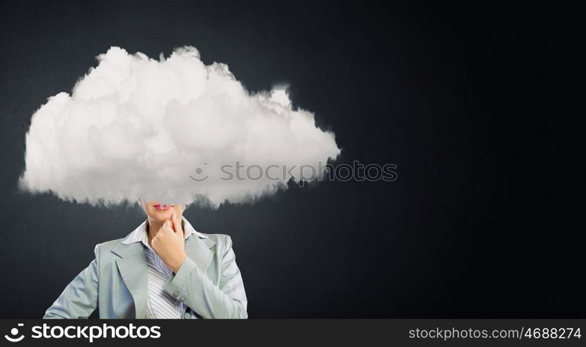 Woman with cloud head. Businesswoman standing with cloud instead of head