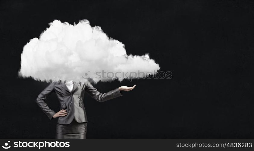 Woman with cloud head. Businesswoman standing with cloud instead of head