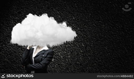 Woman with cloud head. Businesswoman standing with cloud instead of head