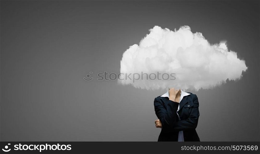 Woman with cloud head. Businesswoman standing with cloud instead of head