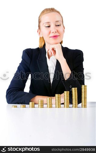 Woman with coins isolated on white