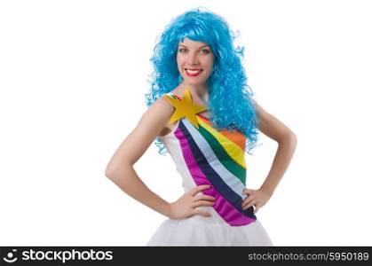 Woman with colourful wig isolated on white