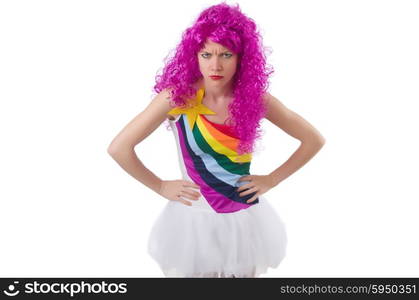 Woman with colourful wig isolated on white