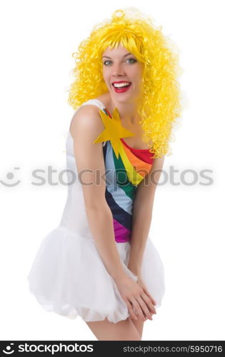 Woman with colourful wig isolated on white