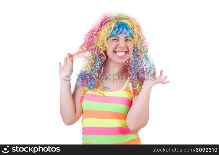 Woman with colourful wig isolated on white