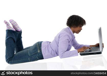 woman with computer a over white background