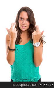 Woman with crossed fingers, isolated over a white background