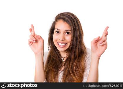 Woman with crossed fingers, isolated over a white background