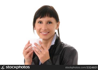 woman with cup isolated on white background