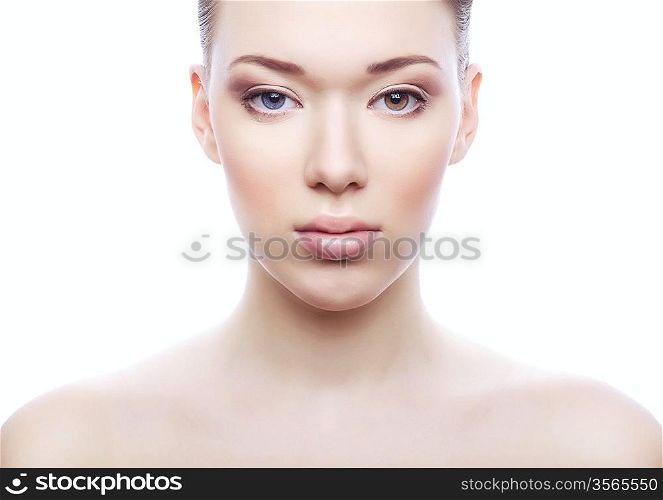 woman with different eyes on white background