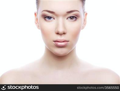 woman with different eyes on white background