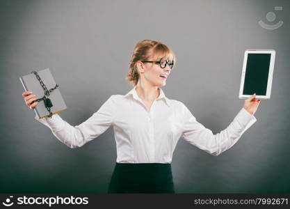 Woman with document and tablet. Digital storage.. Businesswoman holding document and tablet. Choice between digital and physical data storage. Woman with padlock chained file and pc computer.