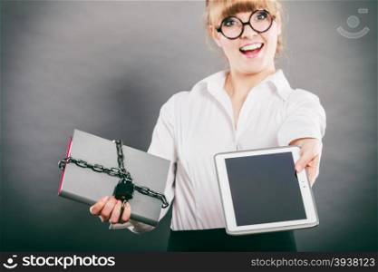 Woman with document and tablet. Digital storage.. Happy businesswoman holding document and tablet. Choice between digital and physical data storage. Woman with padlock chained file and pc computer.