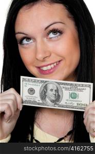 woman with dollar bill. is the american monetary