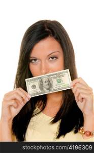 woman with dollar bill. is the american monetary