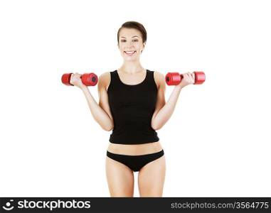 woman with dumbbell on white background