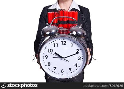 Woman with dynamite and clock on white