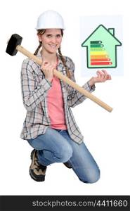 Woman with energy rating poster