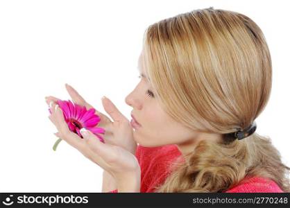 woman with flower in her hand. Isolated on white background