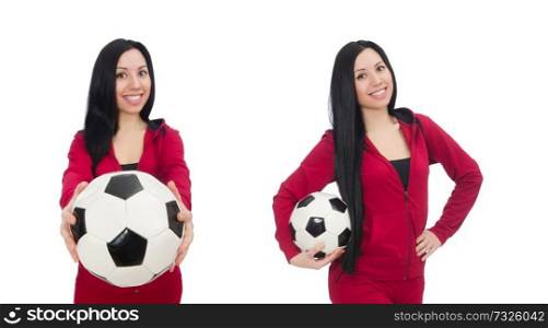 Woman with football isolated on white