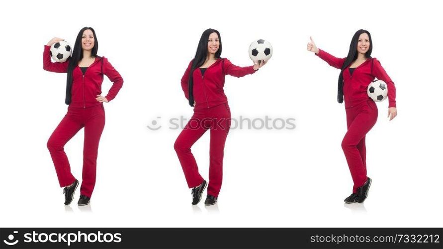 Woman with football isolated on white