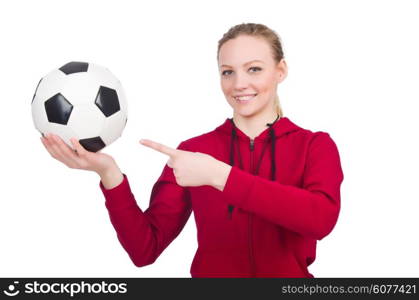 Woman with football on white