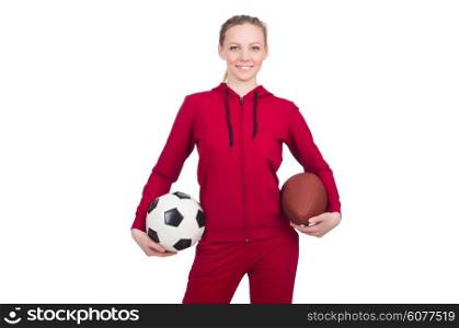 Woman with football on white