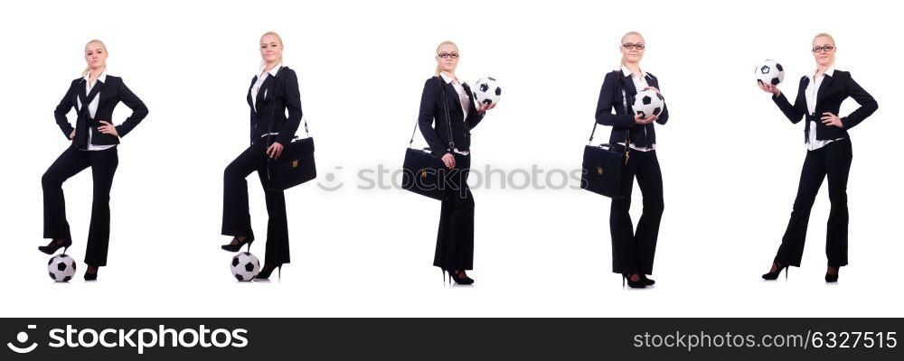Woman with football on white