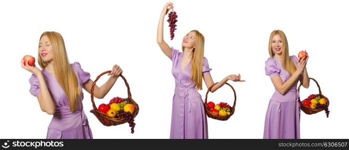 Woman with fruit basket isolated on white