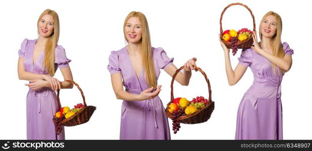 Woman with fruit basket isolated on white