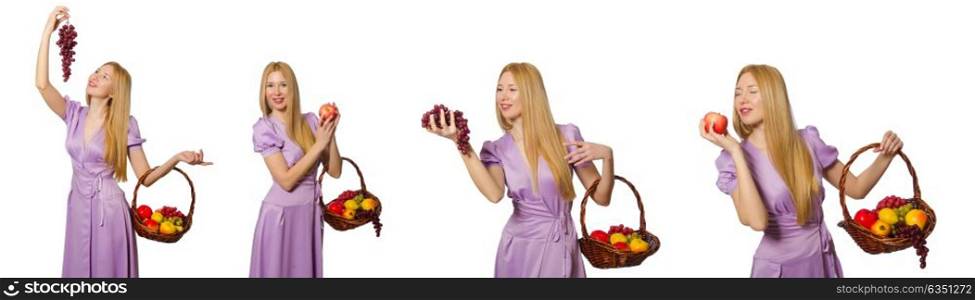 Woman with fruit basket isolated on white
