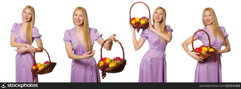 Woman with fruit basket isolated on white