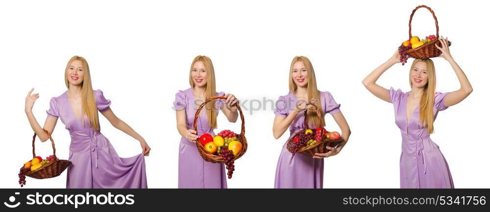 Woman with fruit basket isolated on white. The woman with fruit basket isolated on white