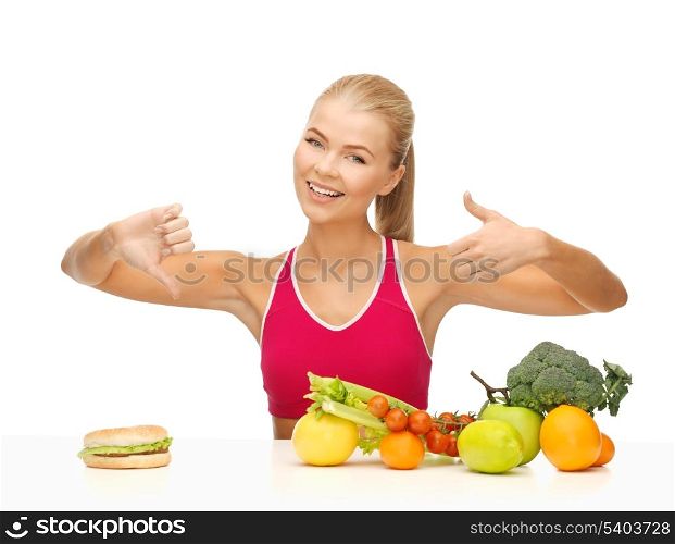 woman with fruits and hamburger showing good and bad signs