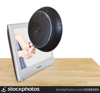 woman with frying pan leans out TV screen isolated on white background