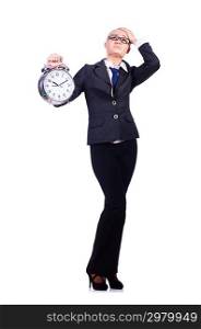 Woman with giant clock on white
