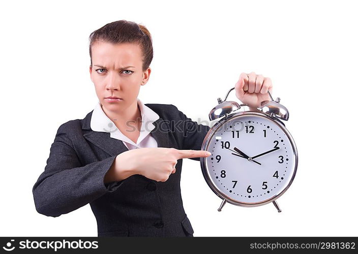 Woman with giant clock on white