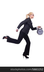 Woman with giant clock on white