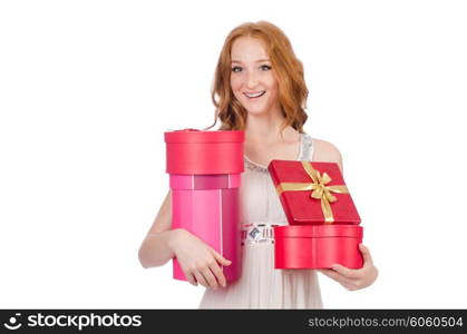 Woman with gift box isolated on the white