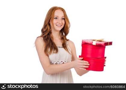 Woman with gift box isolated on the white