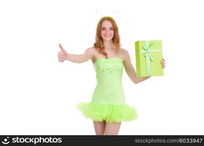 Woman with giftbox isolated on white