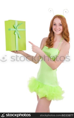 Woman with giftbox isolated on white