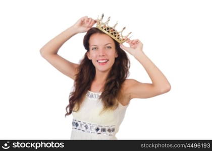 Woman with gold crown isolated on white