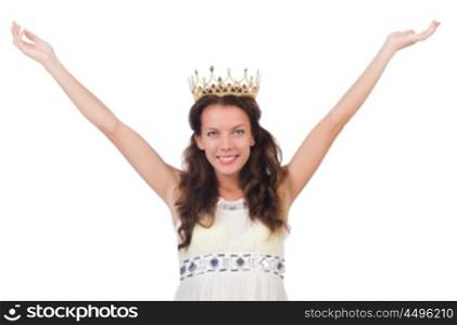 Woman with gold crown isolated on white