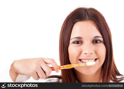 Woman with great teeth holding tooth-brush, isolated on white background