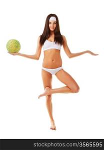woman with green ball on white background