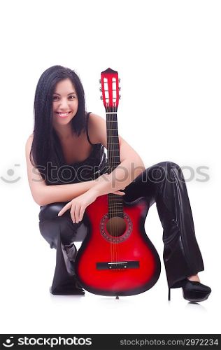 Woman with guitar isolated on the white